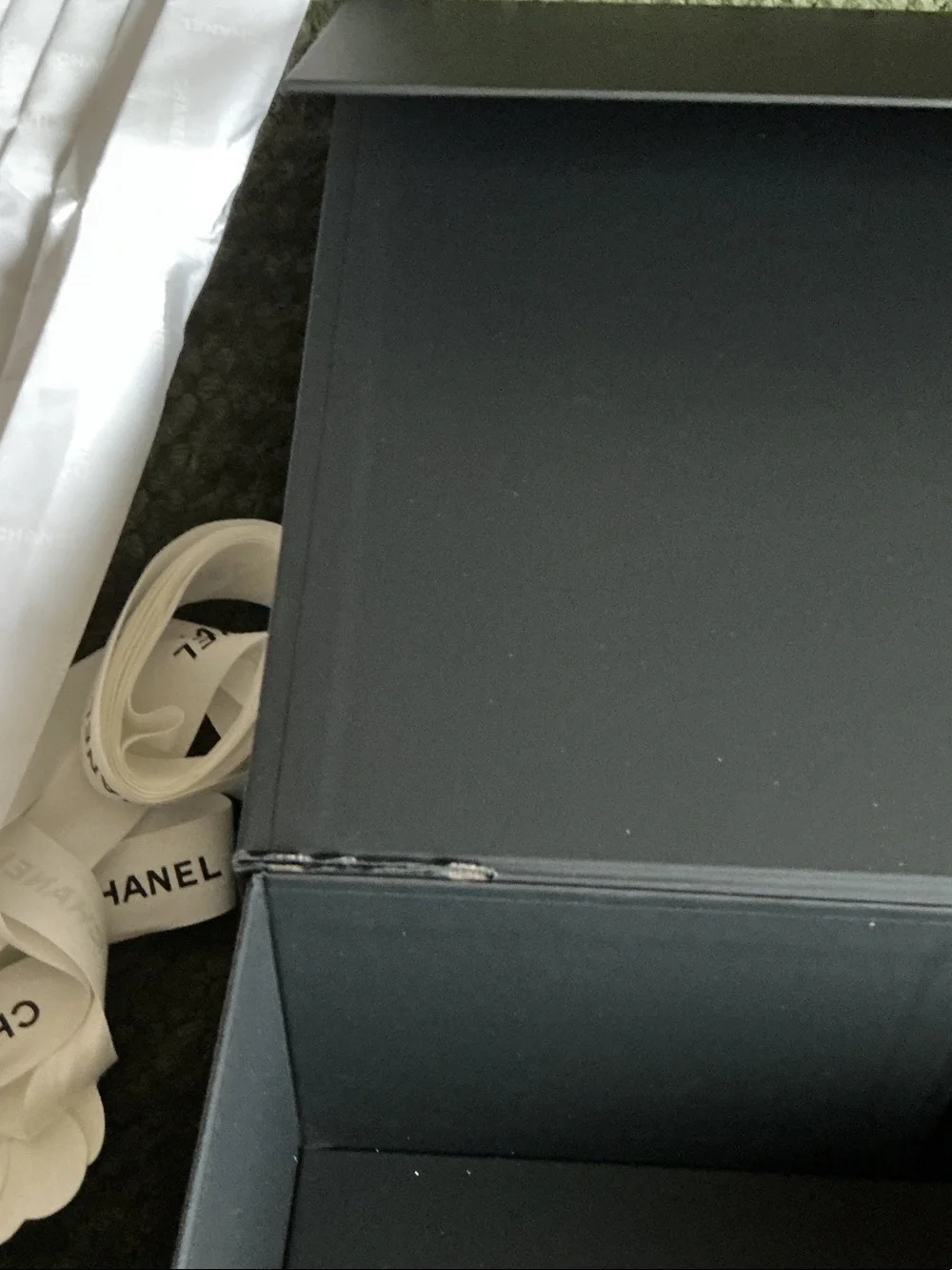 CHANEL black box with White Camellia Logo and Ribbon 13x10x5(for large  bag)